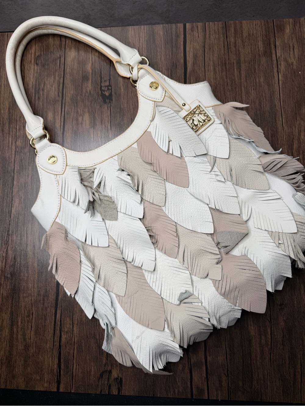Carlos Falchi Leather Feather Fringe Hobo Bag White Beige Shoulder Tote Vintage